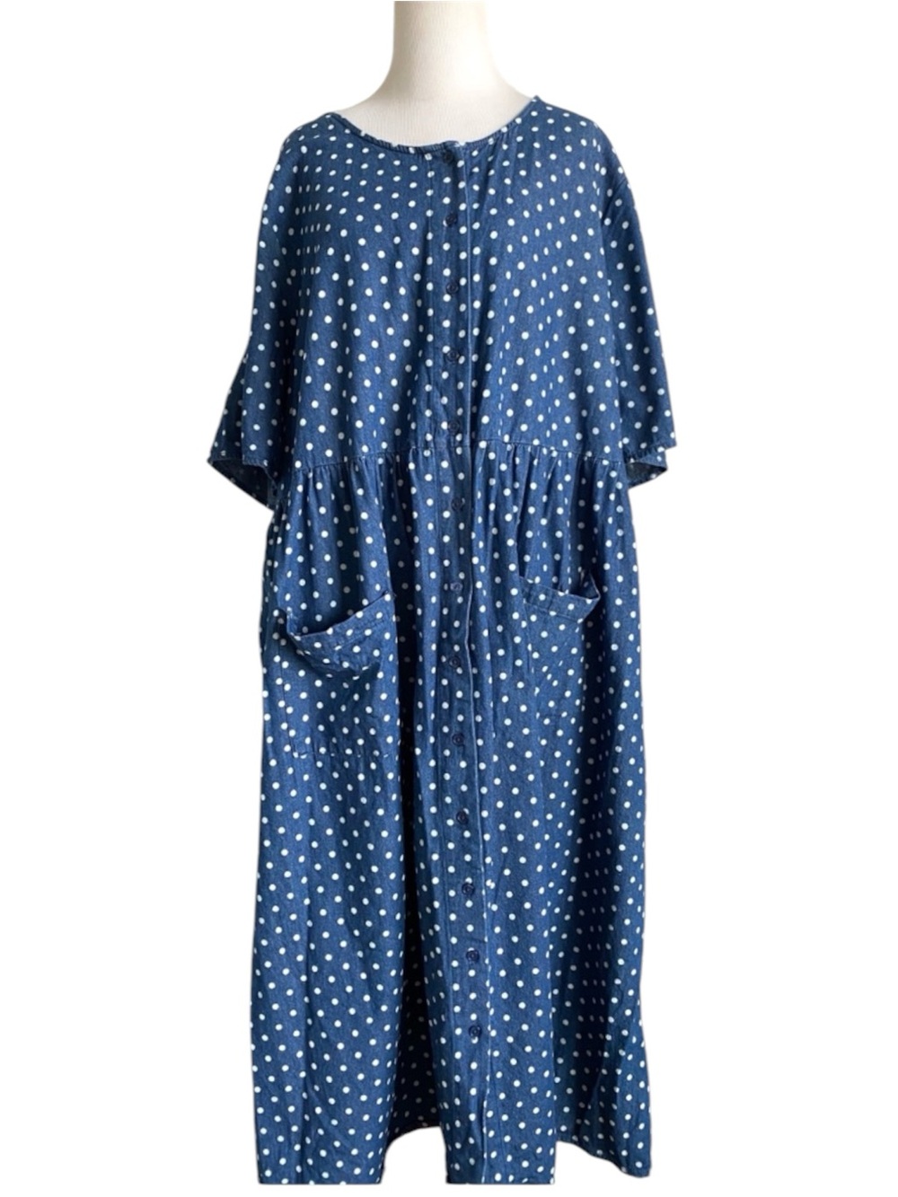 Woman Within Blue Polka Dot Button-Front  Dress 26W Cotton Cottagecore Grandma